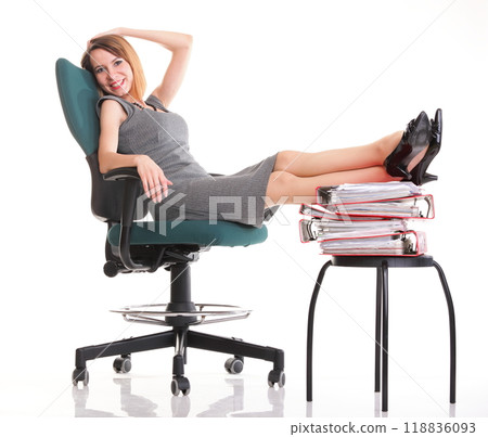 Woman work stoppage businesswoman relaxing legs up plenty of documents isolated 118836093