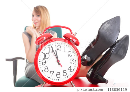Woman work stoppage businesswoman relaxing legs up plenty of documents isolated 118836119