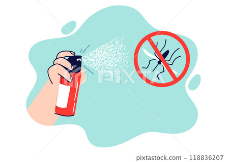 Spray for protection against mosquitoes in hand, near crossed out insect dying from insecticide 118836207
