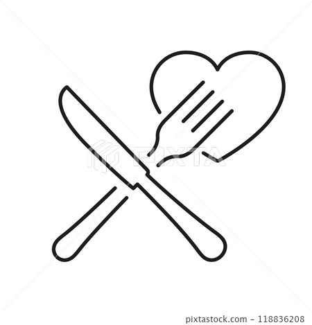Crossed Fork And Knife Line Icon With Heart, Healthy Dining And Nutrition Concept. Healthy Eating And Love Food Linear Icon. Isolated Vector Illustration Crossed Fork And Knife Line Icon With Heart, Healthy Dining And Nutrition Concept. Healthy Eating And Love Food Linear Icon. Isolated Vector Illustration 118836208