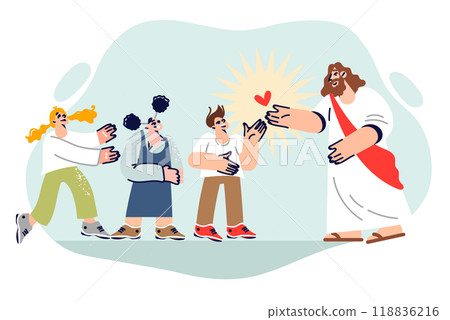 Jesus christ from christian religion stands near children joyfully communicating with god or prophet 118836216
