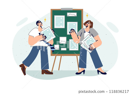 Business presentation from office employees hanging documents with financial charts on board 118836217