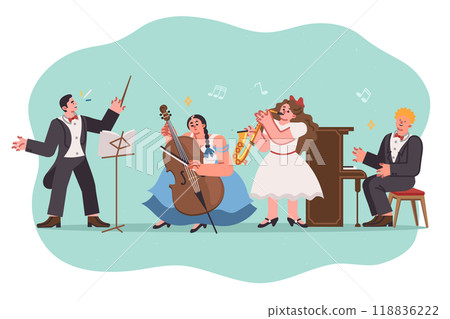 Children orchestra performs classical music with conductor leading musicians with violin or trombone 118836222