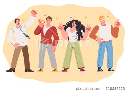 Body language of positive people showing affirmative gestures to show support and agreement Body language of positive people showing affirmative gestures to show support and agreement 118836223