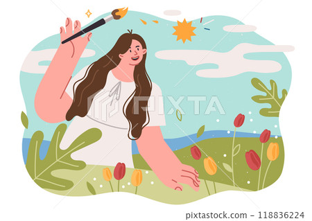 Woman artist paints world around with beautiful nature and summer weather with sun in sky Woman artist paints world around with beautiful nature and summer weather with sun in sky 118836224