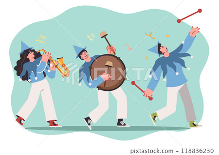 Marching band with musical instruments in hands of people performing for spectators holiday parade 118836230