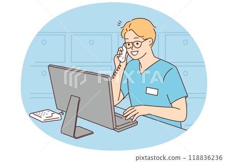 Smiling doctor talk on phone work on computer Smiling doctor talk on phone work on computer 118836236