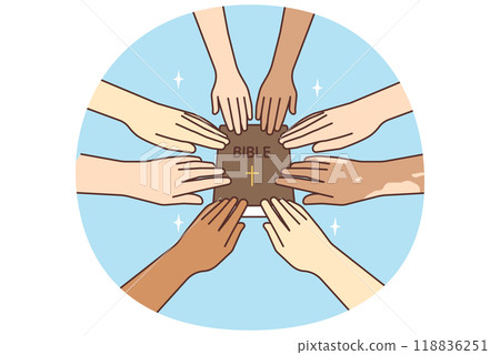 A multinational group holding a Bible A multinational group holding a Bible 118836251