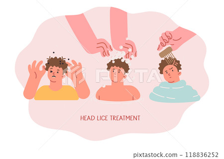 Lice and lice in little boy can be treated with disinfectant shampoo and medical comb 118836252