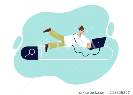 Man internet user lies on search bar of browser, and uses laptop to surf cyberspace 118836267