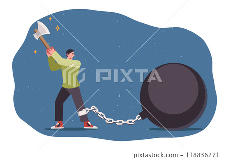 Attempt to get freedom from weight chained to leg, from man using axe, thanks to ambition Attempt to get freedom from weight chained to leg, from man using axe, thanks to ambition 118836271