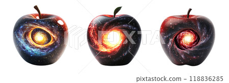 Three apples, each revealing a different cosmic phenomenon within their cores, create a captivating and thought-provoking image. 118836285