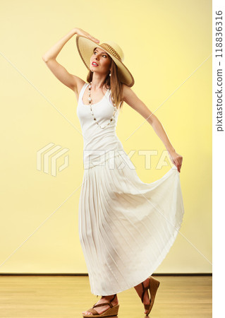 Woman in straw summer hat white dress Woman in straw summer hat white dress 118836316