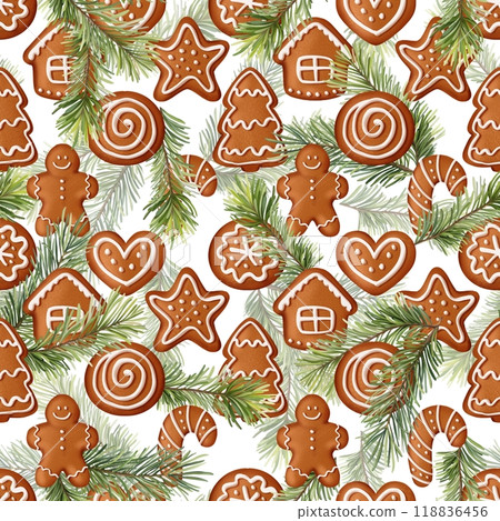 Gingerbread seamless pattern. Festive background with cookies and fir branches. 118836456
