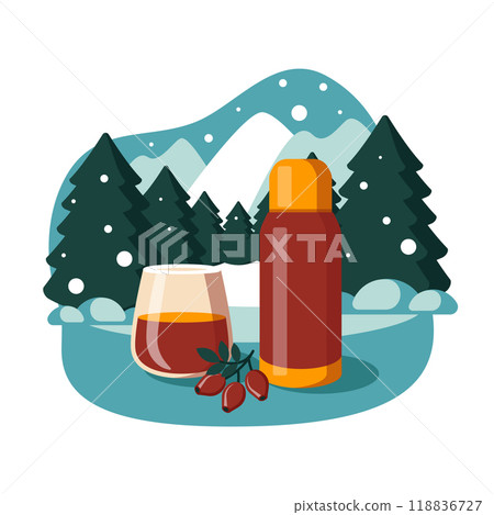 Winter Picnic Adventure: Cozy Outdoor Fun in Flat Design in a vector illustration 118836727