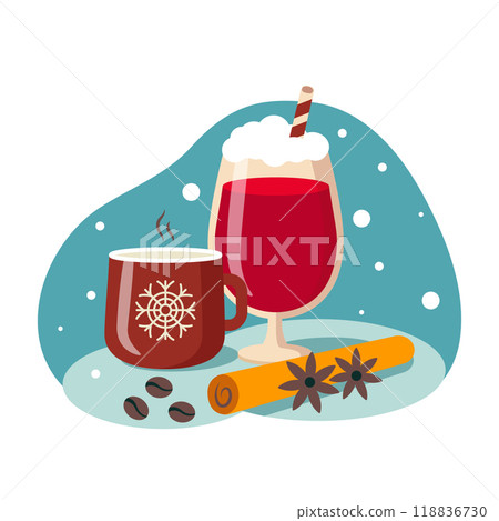 Hot Chocolate and Mulled Wine, Cozy Winter Drinks in Flat Design in a vector illustration Hot Chocolate and Mulled Wine, Cozy Winter Drinks in Flat Design in a vector illustration 118836730