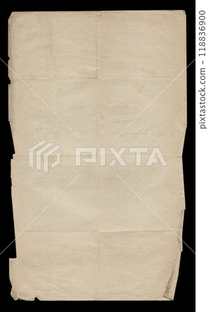 Old vintage torn creased paper sheet on black. Old vintage torn creased paper sheet on black. 118836900