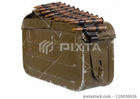 Ammo box with ammunition belt and 7.62 mm cartridges for kalashnikov PK or PKM machine gun isolated on white. Ammo box with ammunition belt and 7.62 mm cartridges for kalashnikov PK or PKM machine gun isolated on white. 118836916