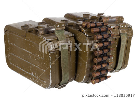 Ammo box with ammunition belt and 7.62 mm cartridges for kalashnikov PK or PKM machine gun isolated on white. Ammo box with ammunition belt and 7.62 mm cartridges for kalashnikov PK or PKM machine gun isolated on white. 118836917