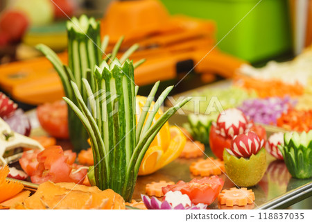 Decorative vegetables and fruits on plates Decorative vegetables and fruits on plates 118837035