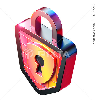 A futuristic padlock, with a glowing keyhole and a protective shield, symbolizes digital security, isolated on a transparent background. 118837242