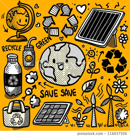 Hand drawn doodle style eco sustainability and green energy illustration on yellow Hand drawn doodle style eco sustainability and green energy illustration on yellow 118837508