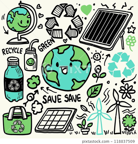 Hand drawn doodle style eco friendly and green energy concept illustration 118837509