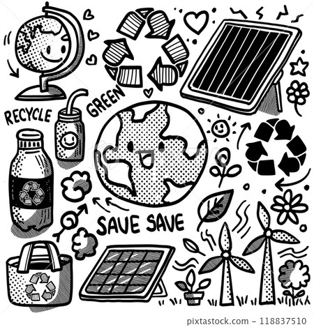 Hand drawn doodle style sustainability and renewable energy concept illustration 118837510