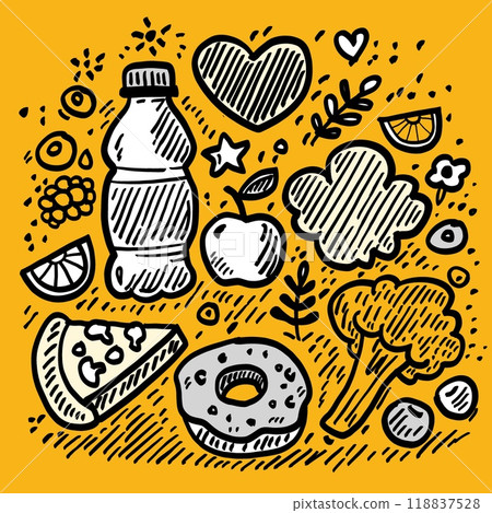 Hand drawn doodle style yellow themed food and drink illustration 118837528