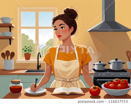 Thoughtful Home Cook Planning Meal in Cozy Kitchen. Culinary Dilemma: Puzzled Woman in Yellow Sundress Contemplating Recipes 118837553