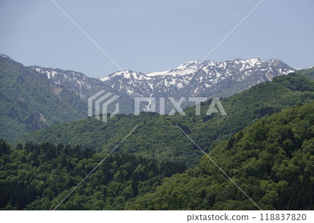 View of the snow-capped Hakusan mountain range from the Shirakawa-go Observatory 118837820