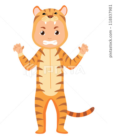Children animal costume. Colorful animal wearing suit for party tiger. Isolated flat vector design Children animal costume. Colorful animal wearing suit for party tiger. Isolated flat vector design 118837981