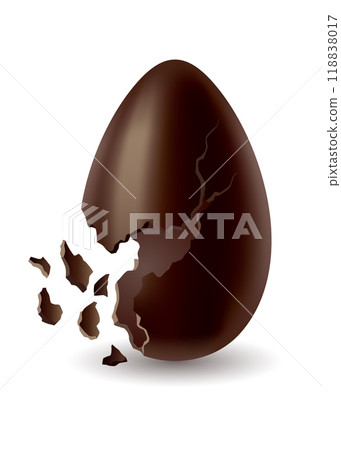 Chocolate egg. Broken, exploded eggshell. Kids confectionery, candy with surprise. Restaurant, cafe menu design. Vector dessert made of dark cocoa Chocolate egg. Broken, exploded eggshell. Kids confectionery, candy with surprise. Restaurant, cafe menu design. Vector dessert made of dark cocoa 118838017