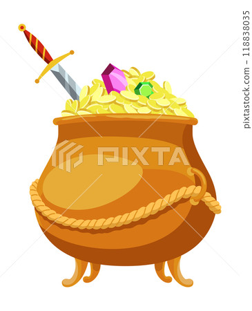 Treasure gold coins. Pot full of shiny royal gold and gemstones. Gold treasure, shiny savings, golden coins isolated on white background. Vector cartoon icon Treasure gold coins. Pot full of shiny royal gold and gemstones. Gold treasure, shiny savings, golden coins isolated on white background. Vector cartoon icon 118838035