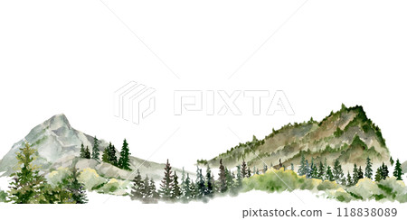 Scenery landscape coniferous forest fir spruce trees, mountains fields hills pasture land alpine vista, hand drawn in watercolor. Seamless banner. Tourism, resort ads, hiking camping sites, vacation. 118838089