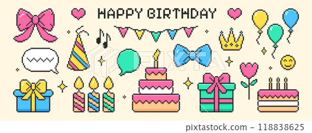 Pixel art happy birthday elements with y2k cakes, candles, gift boxes and ribbon bows 118838625