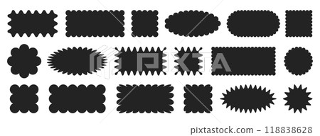 Black jagged geometric shapes, scallop frames with zigzag edges, curved badges with wiggly borders Black jagged geometric shapes, scallop frames with zigzag edges, curved badges with wiggly borders 118838628