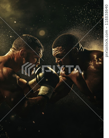 Two fierce men, boxers face-off, ready for intense fight against dark background. Strength and focus. 118838640