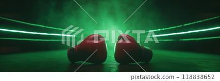 Boxing ring in green neon light, with pair of red boxing gloves resting in the center, creating suspenseful atmosphere. 118838652