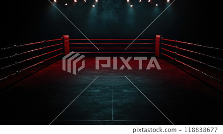 Boxing ring bathed in red light, with smoke rising and spotlights illuminating the empty space. 118838677