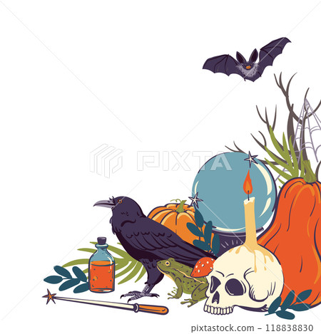 Vector mystical illustration with magic ball, skull and raven. Occult symbols in flat style. Clipart for Halloween. Witchcraft, astrological, esoteric, magic symbols. Vector mystical illustration with magic ball, skull and raven. Occult symbols in flat style. Clipart for Halloween. Witchcraft, astrological, esoteric, magic symbols. 118838830