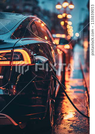 Electric car charging at station with power cable infrastructure in urban 118839053