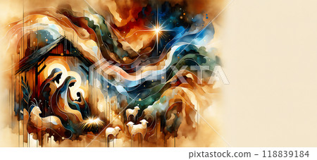 Watercolor painting Nativity scene in Bethlehem. Christmas scene illustration showing holy family 118839184