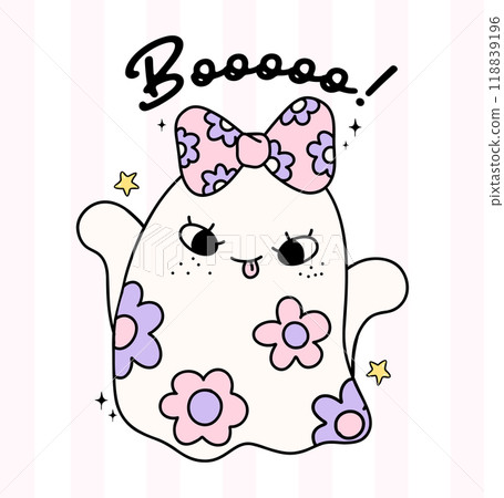 Cute Pastel Halloween floral Ghost Boo Groovy Retro Coquette Spooky Cartoon Doodle Character 118839196