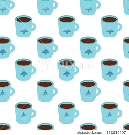 Seamless pattern. Winter cup with christmas tree design. Cozy background. Vector flat illustration. Seamless pattern. Winter cup with christmas tree design. Cozy background. Vector flat illustration. 118839307