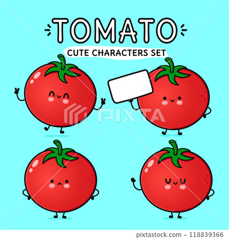 Funny cute happy Tomato characters bundle set. Vector hand drawn doodle style cartoon character illustration icon design. Isolated on blue background. Tomato mascot character collection 118839366
