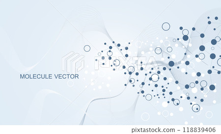 Modern abstract molecules structure for science or medical background. DNA helix or atom visualization. Molecular wave flow abstract background. Vector illustration 118839406