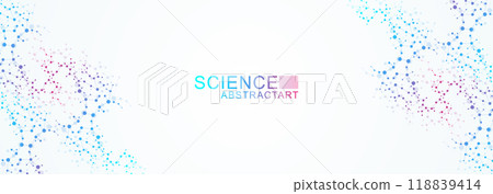 Modern abstract molecules structure for science or medical background. DNA helix or atom visualization. Molecular wave flow abstract background. Vector illustration Modern abstract molecules structure for science or medical background. DNA helix or atom visualization. Molecular wave flow abstract background. Vector illustration 118839414