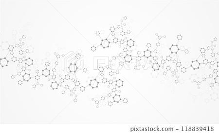Modern science background with lines, dots and hexagons. Wave flow abstract background. Molecular structure for medical, technology, chemistry, science. Vector illustration 118839418