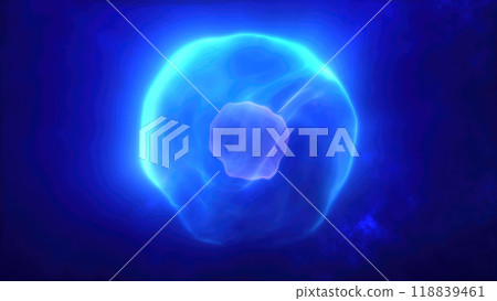 A glowing ethereal blue sphere radiates a soft light against a deep blue backdrop evoking a sense of cosmic wonder and serenity of energy technology or abstract art 118839461